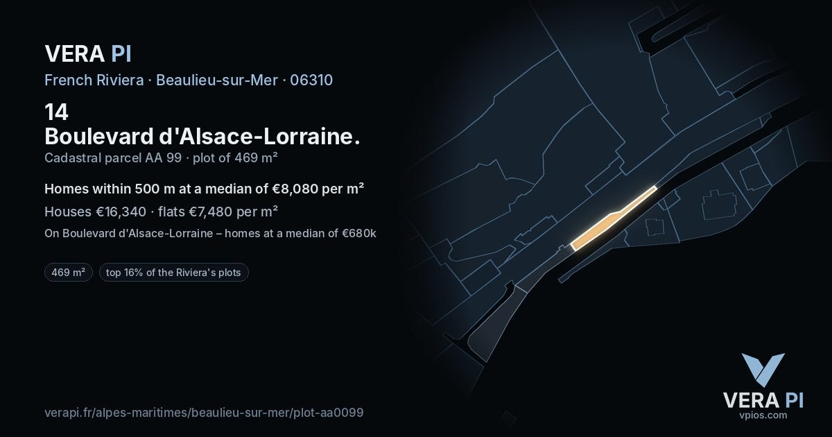 14 Boulevard d'Alsace-Lorraine, Beaulieu-sur-Mer at night – the plot lit, the parcels around coloured by the prices near them