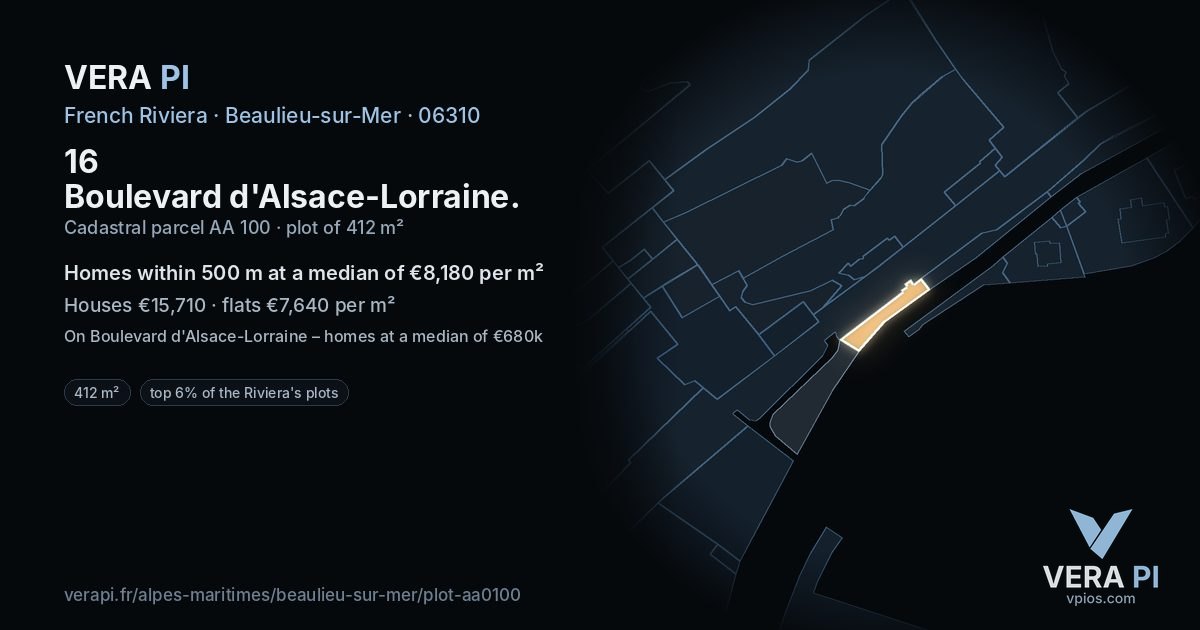16 Boulevard d'Alsace-Lorraine, Beaulieu-sur-Mer at night – the plot lit, the parcels around coloured by the prices near them