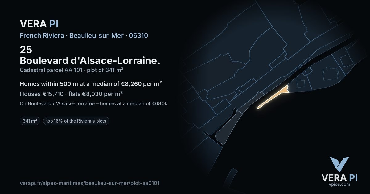 25 Boulevard d'Alsace-Lorraine, Beaulieu-sur-Mer at night – the plot lit, the parcels around coloured by the prices near them