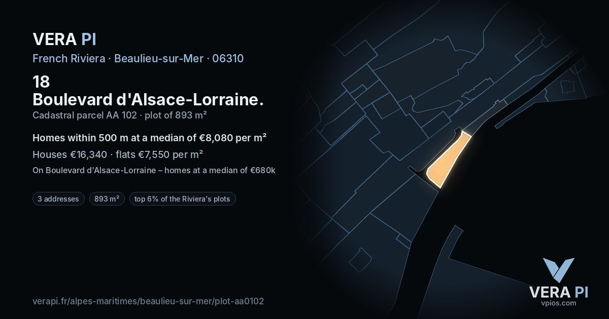 18 Boulevard d'Alsace-Lorraine, Beaulieu-sur-Mer at night – the plot lit, the parcels around coloured by the prices near them