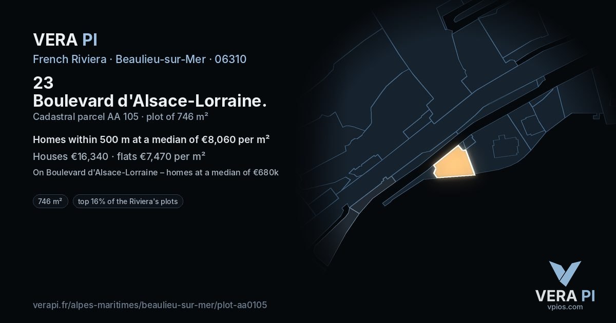 23 Boulevard d'Alsace-Lorraine, Beaulieu-sur-Mer at night – the plot lit, the parcels around coloured by the prices near them