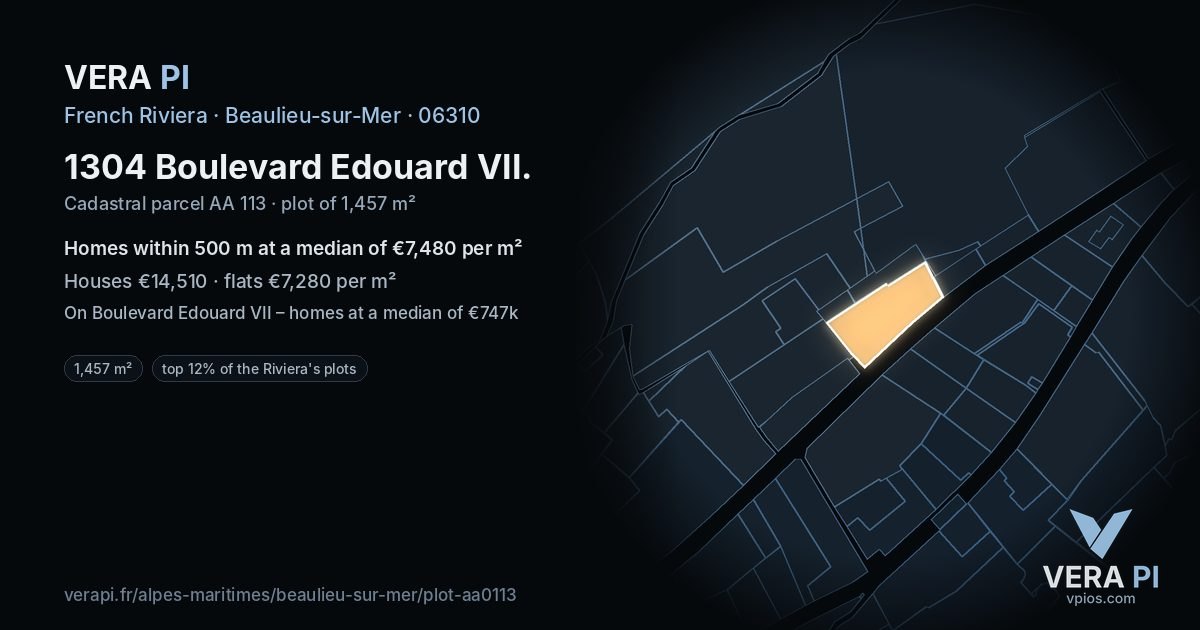 1304 Boulevard Edouard VII, Beaulieu-sur-Mer at night – the plot lit, the parcels around coloured by the prices near them