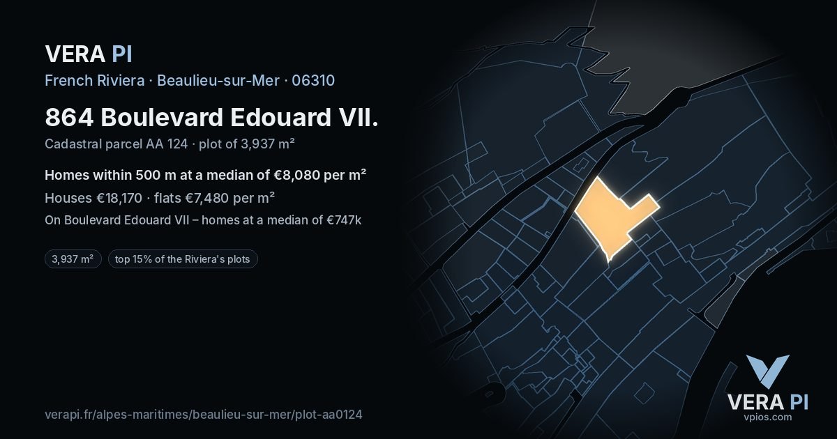 864 Boulevard Edouard VII, Beaulieu-sur-Mer at night – the plot lit, the parcels around coloured by the prices near them