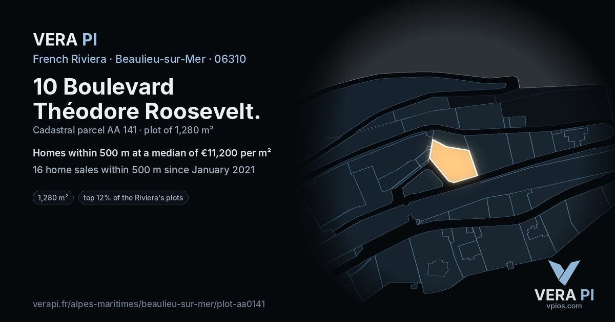 10 Boulevard Théodore Roosevelt, Beaulieu-sur-Mer at night – the plot lit, the parcels around coloured by the prices near them