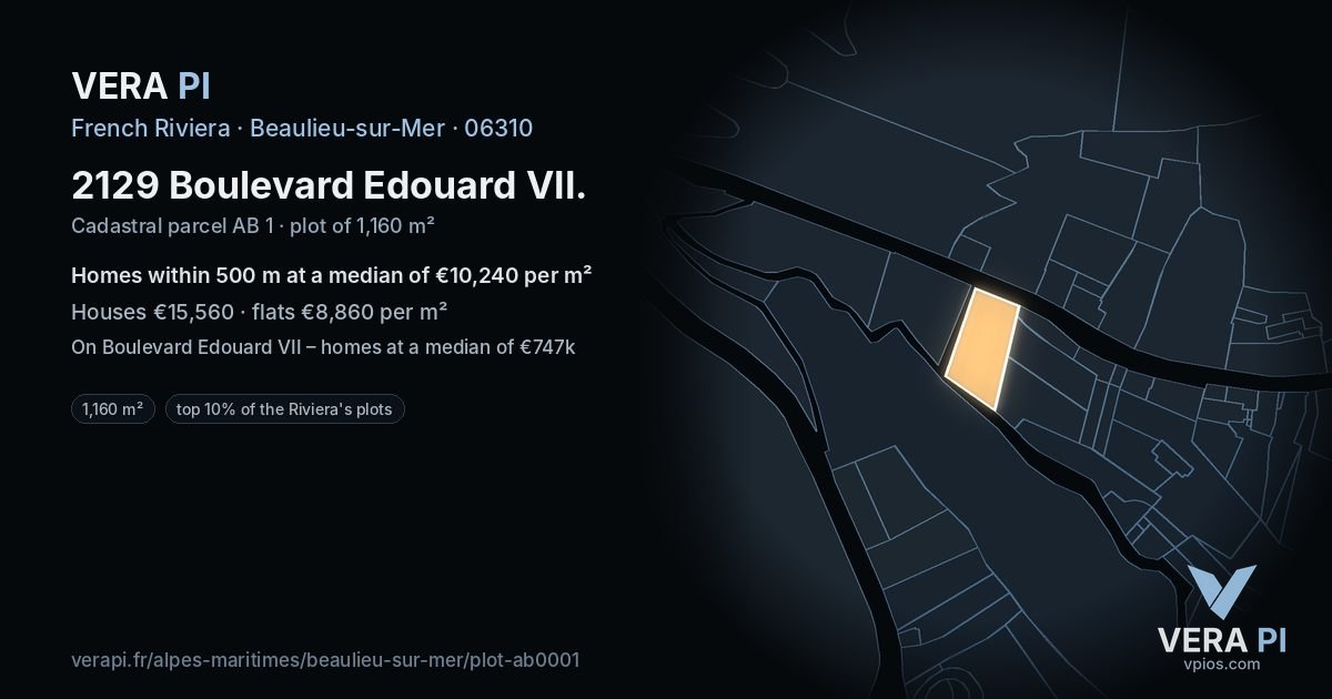 2129 Boulevard Edouard VII, Beaulieu-sur-Mer at night – the plot lit, the parcels around coloured by the prices near them