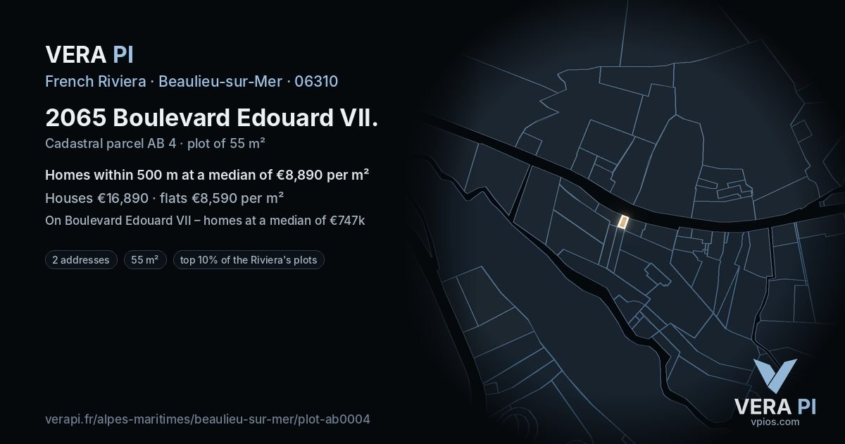 2065 Boulevard Edouard VII, Beaulieu-sur-Mer at night – the plot lit, the parcels around coloured by the prices near them