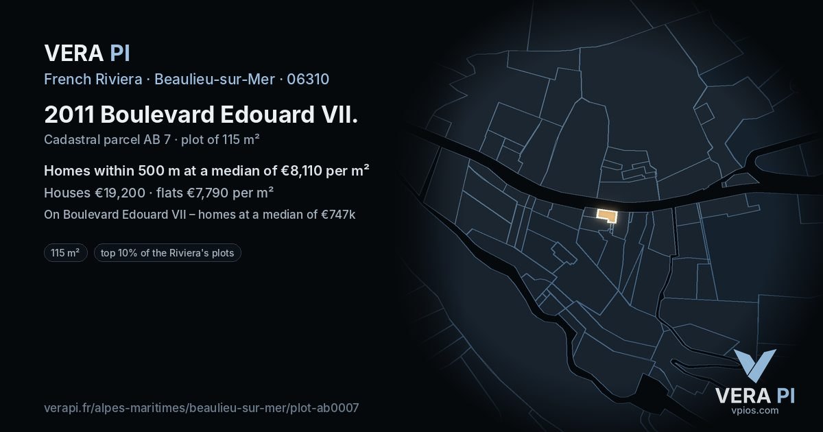 2011 Boulevard Edouard VII, Beaulieu-sur-Mer at night – the plot lit, the parcels around coloured by the prices near them