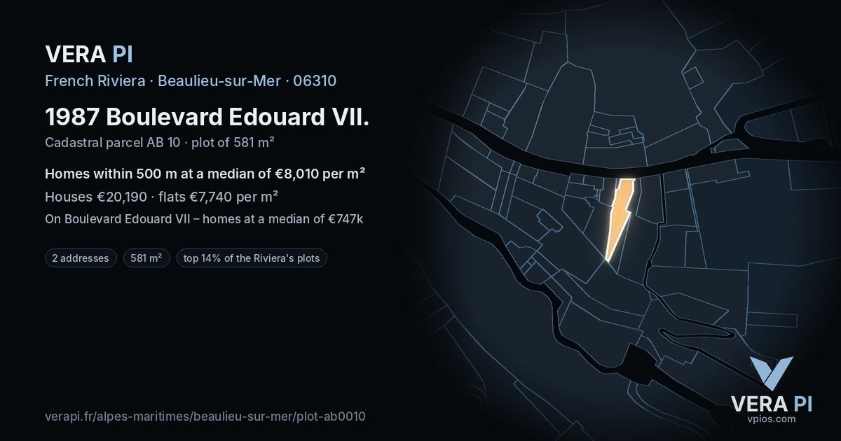 1987 Boulevard Edouard VII, Beaulieu-sur-Mer at night – the plot lit, the parcels around coloured by the prices near them