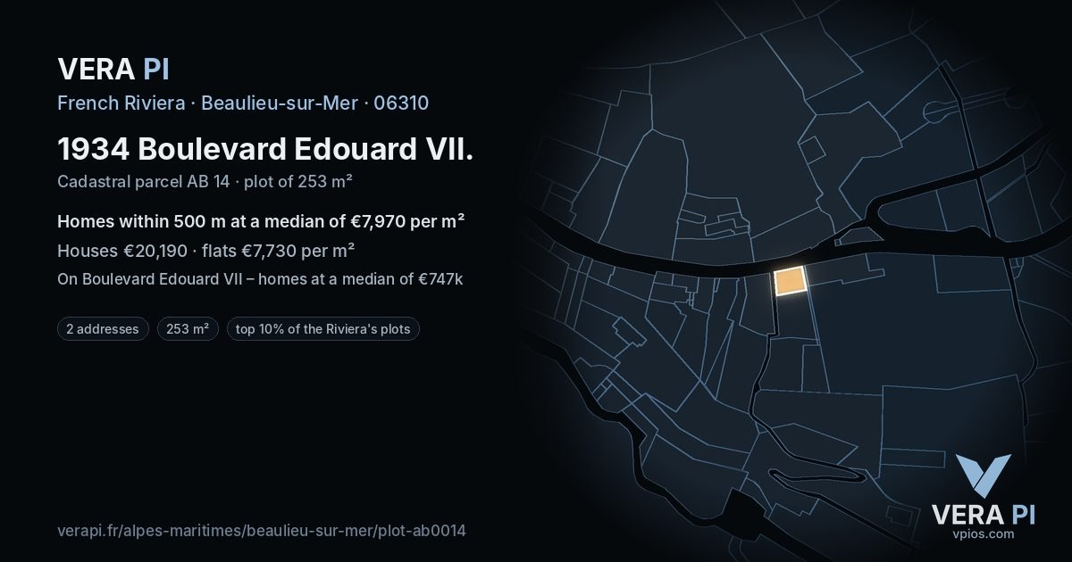 1934 Boulevard Edouard VII, Beaulieu-sur-Mer at night – the plot lit, the parcels around coloured by the prices near them