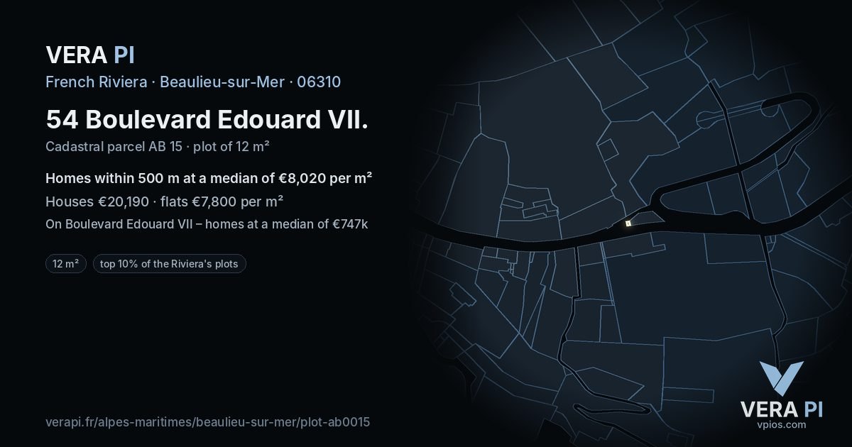 54 Boulevard Edouard VII, Beaulieu-sur-Mer at night – the plot lit, the parcels around coloured by the prices near them