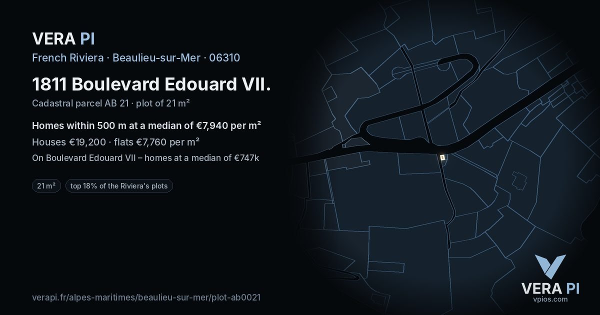 1811 Boulevard Edouard VII, Beaulieu-sur-Mer at night – the plot lit, the parcels around coloured by the prices near them