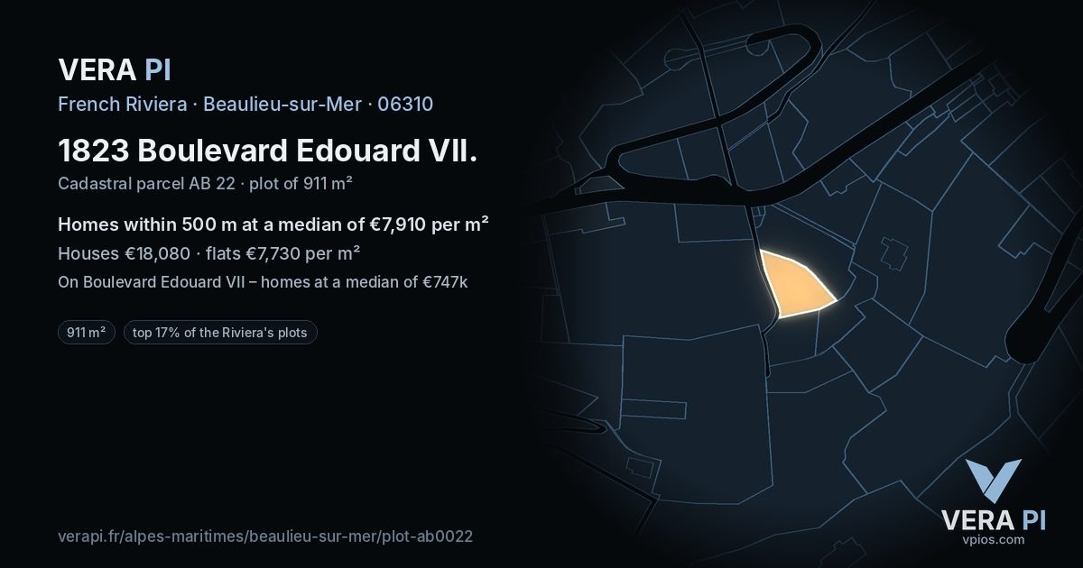 1823 Boulevard Edouard VII, Beaulieu-sur-Mer at night – the plot lit, the parcels around coloured by the prices near them