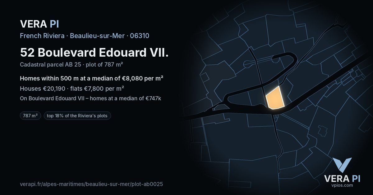 52 Boulevard Edouard VII, Beaulieu-sur-Mer at night – the plot lit, the parcels around coloured by the prices near them