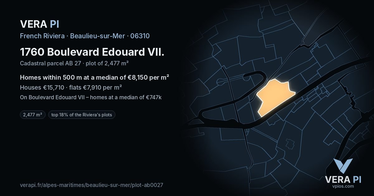 1760 Boulevard Edouard VII, Beaulieu-sur-Mer at night – the plot lit, the parcels around coloured by the prices near them