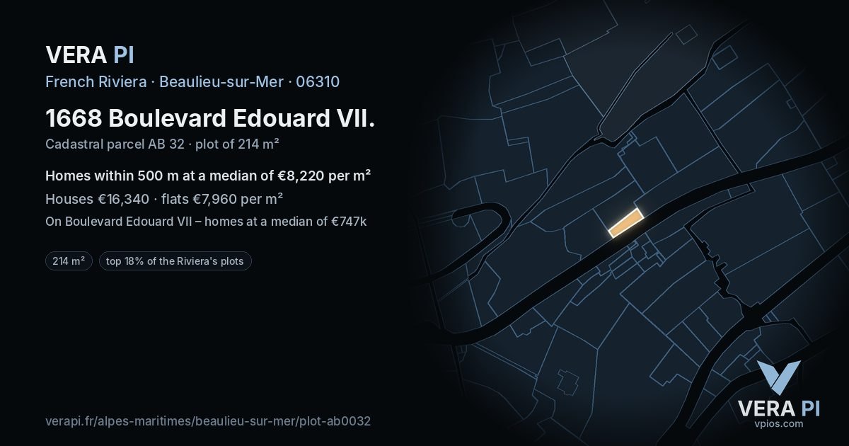 1668 Boulevard Edouard VII, Beaulieu-sur-Mer at night – the plot lit, the parcels around coloured by the prices near them