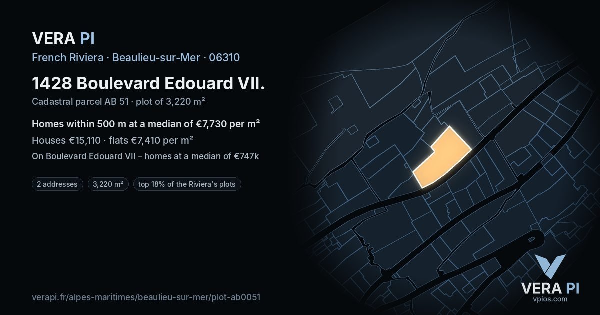 1428 Boulevard Edouard VII, Beaulieu-sur-Mer at night – the plot lit, the parcels around coloured by the prices near them