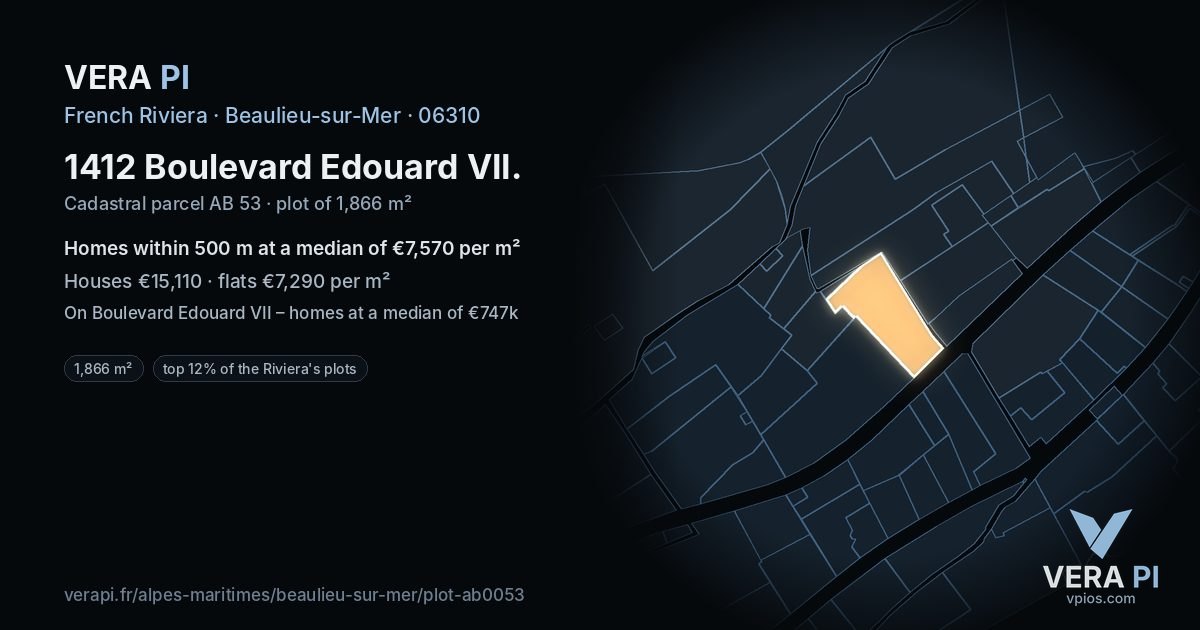 1412 Boulevard Edouard VII, Beaulieu-sur-Mer at night – the plot lit, the parcels around coloured by the prices near them