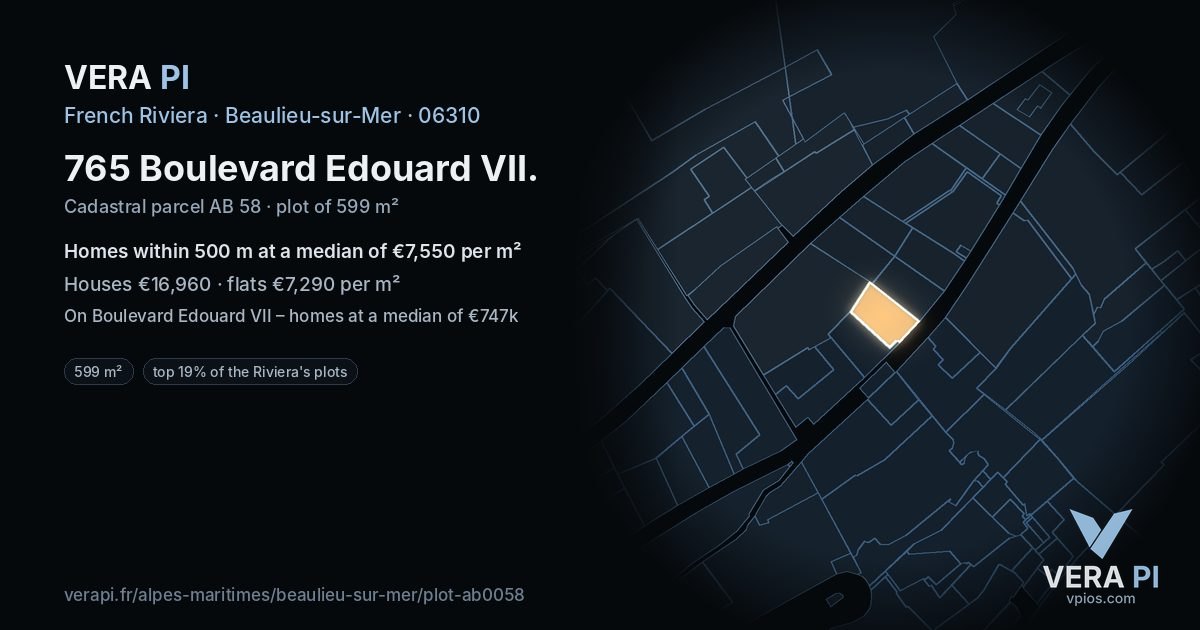 765 Boulevard Edouard VII, Beaulieu-sur-Mer at night – the plot lit, the parcels around coloured by the prices near them
