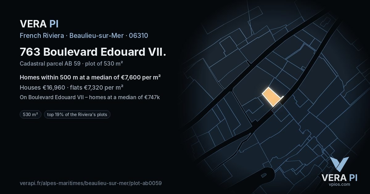 763 Boulevard Edouard VII, Beaulieu-sur-Mer at night – the plot lit, the parcels around coloured by the prices near them