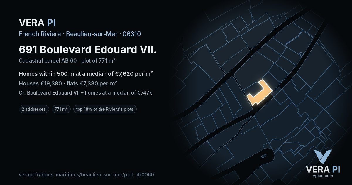 691 Boulevard Edouard VII, Beaulieu-sur-Mer at night – the plot lit, the parcels around coloured by the prices near them