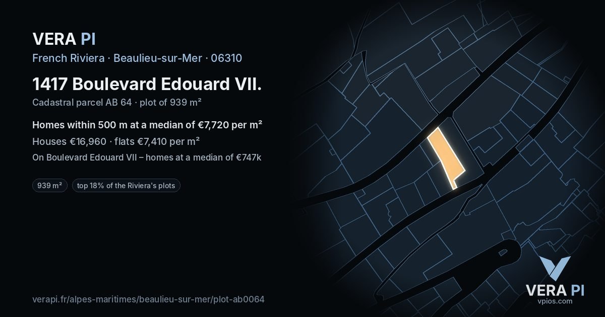 1417 Boulevard Edouard VII, Beaulieu-sur-Mer at night – the plot lit, the parcels around coloured by the prices near them