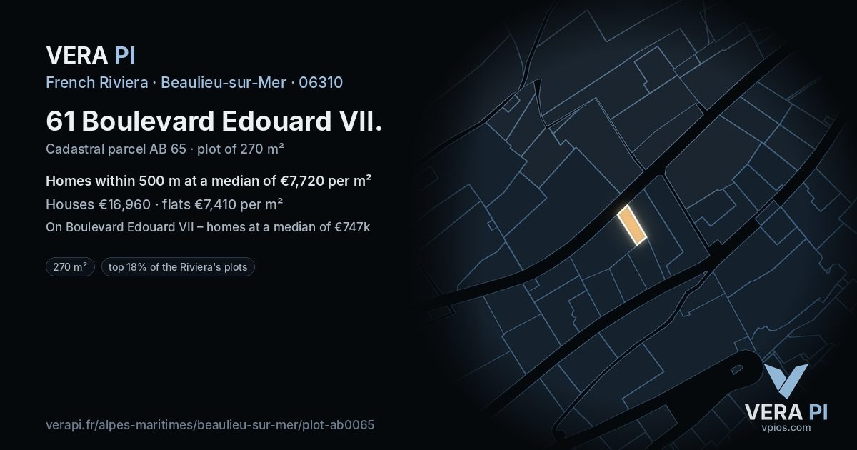61 Boulevard Edouard VII, Beaulieu-sur-Mer at night – the plot lit, the parcels around coloured by the prices near them