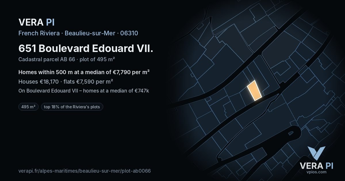 651 Boulevard Edouard VII, Beaulieu-sur-Mer at night – the plot lit, the parcels around coloured by the prices near them