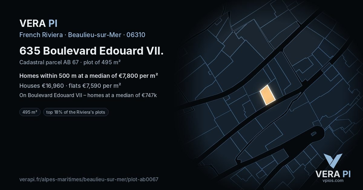 635 Boulevard Edouard VII, Beaulieu-sur-Mer at night – the plot lit, the parcels around coloured by the prices near them