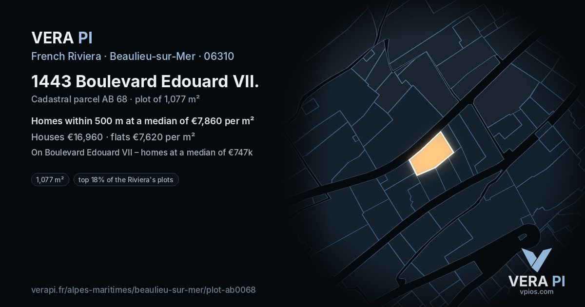1443 Boulevard Edouard VII, Beaulieu-sur-Mer at night – the plot lit, the parcels around coloured by the prices near them
