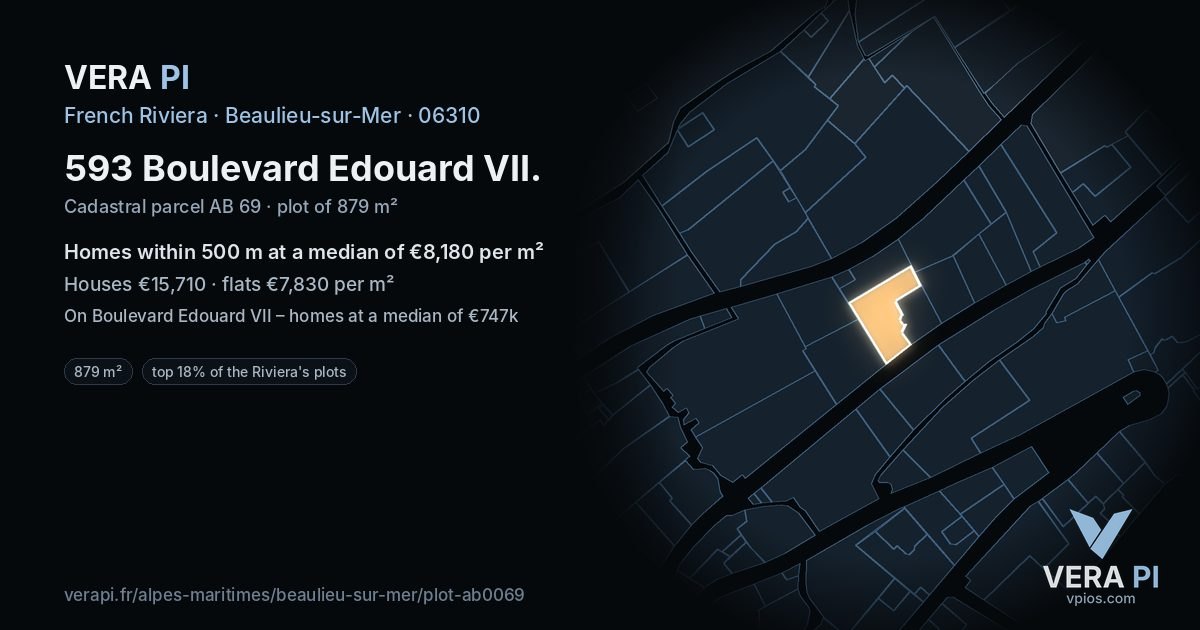 593 Boulevard Edouard VII, Beaulieu-sur-Mer at night – the plot lit, the parcels around coloured by the prices near them