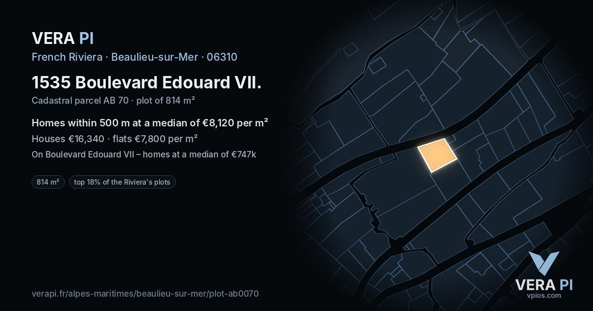 1535 Boulevard Edouard VII, Beaulieu-sur-Mer at night – the plot lit, the parcels around coloured by the prices near them