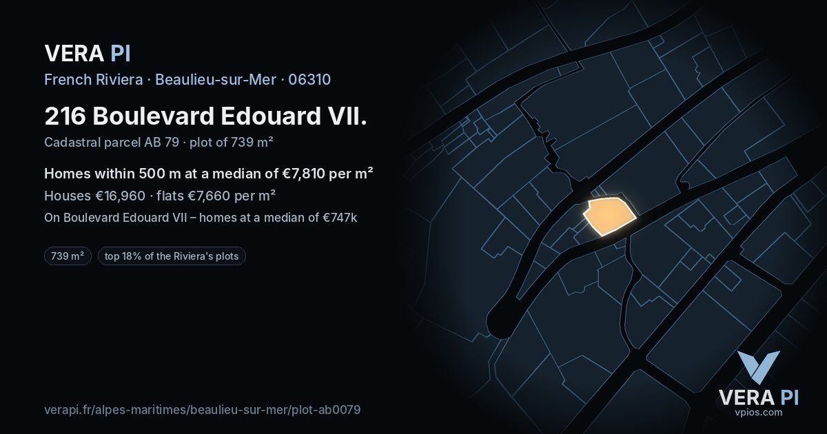 216 Boulevard Edouard VII, Beaulieu-sur-Mer at night – the plot lit, the parcels around coloured by the prices near them