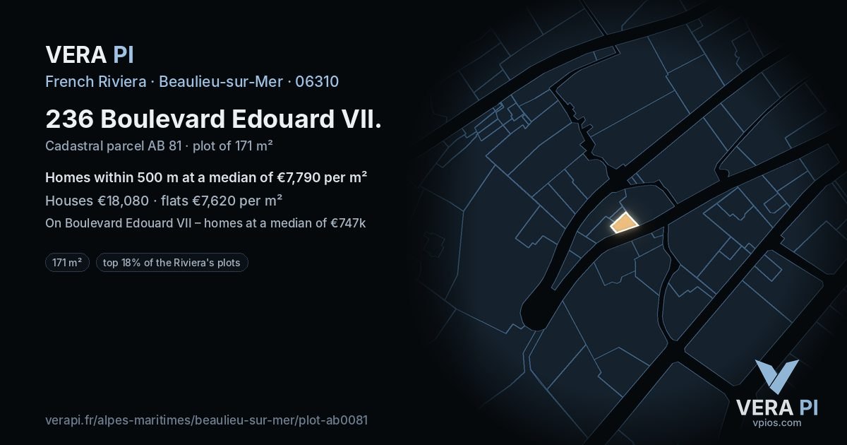 236 Boulevard Edouard VII, Beaulieu-sur-Mer at night – the plot lit, the parcels around coloured by the prices near them