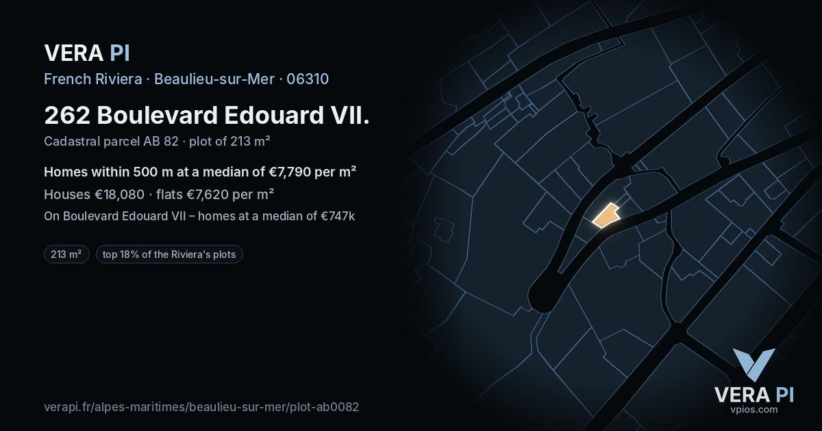 262 Boulevard Edouard VII, Beaulieu-sur-Mer at night – the plot lit, the parcels around coloured by the prices near them