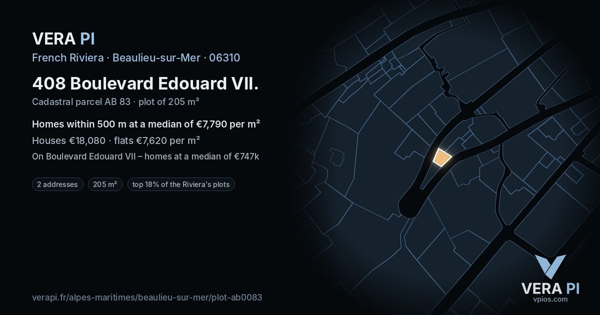 408 Boulevard Edouard VII, Beaulieu-sur-Mer at night – the plot lit, the parcels around coloured by the prices near them