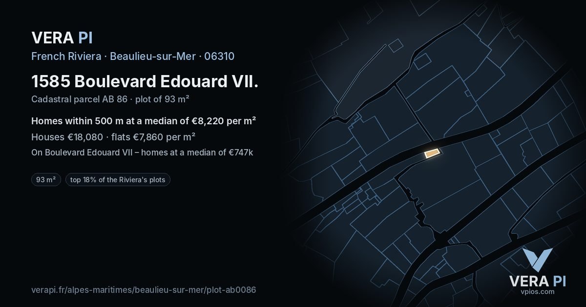 1585 Boulevard Edouard VII, Beaulieu-sur-Mer at night – the plot lit, the parcels around coloured by the prices near them