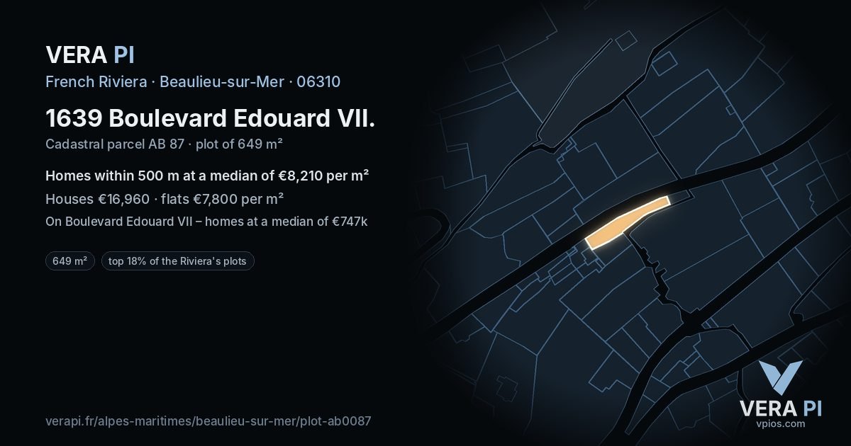 1639 Boulevard Edouard VII, Beaulieu-sur-Mer at night – the plot lit, the parcels around coloured by the prices near them