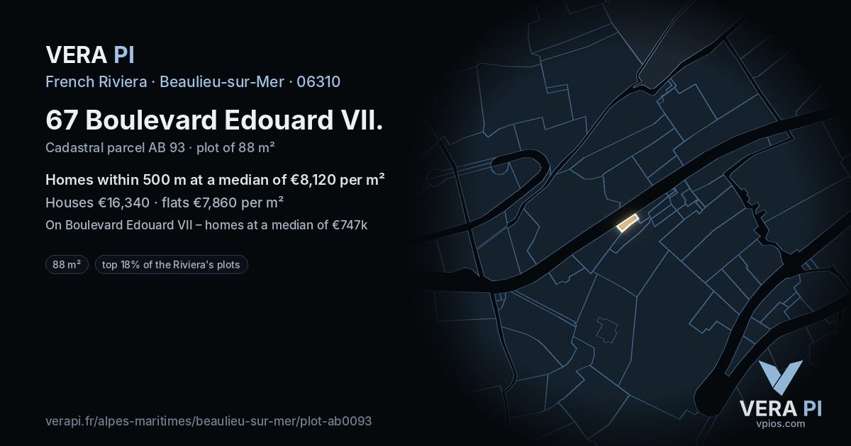 67 Boulevard Edouard VII, Beaulieu-sur-Mer at night – the plot lit, the parcels around coloured by the prices near them