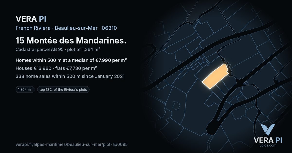 15 Montée des Mandarines, Beaulieu-sur-Mer at night – the plot lit, the parcels around coloured by the prices near them