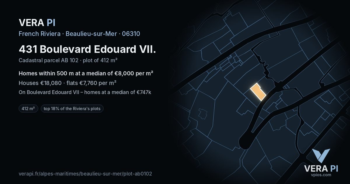431 Boulevard Edouard VII, Beaulieu-sur-Mer at night – the plot lit, the parcels around coloured by the prices near them