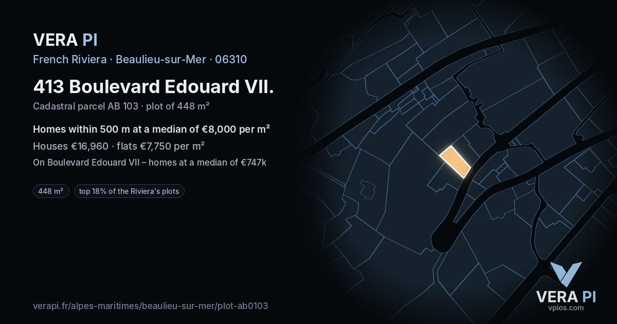 413 Boulevard Edouard VII, Beaulieu-sur-Mer at night – the plot lit, the parcels around coloured by the prices near them