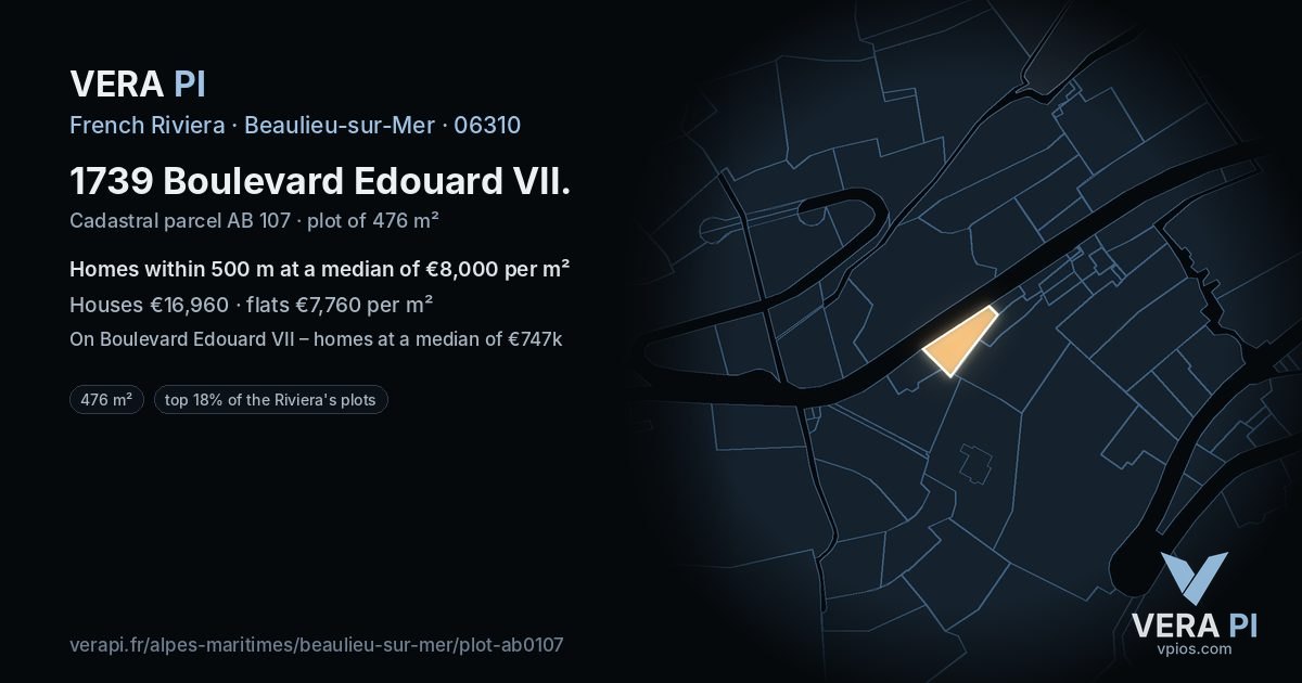 1739 Boulevard Edouard VII, Beaulieu-sur-Mer at night – the plot lit, the parcels around coloured by the prices near them
