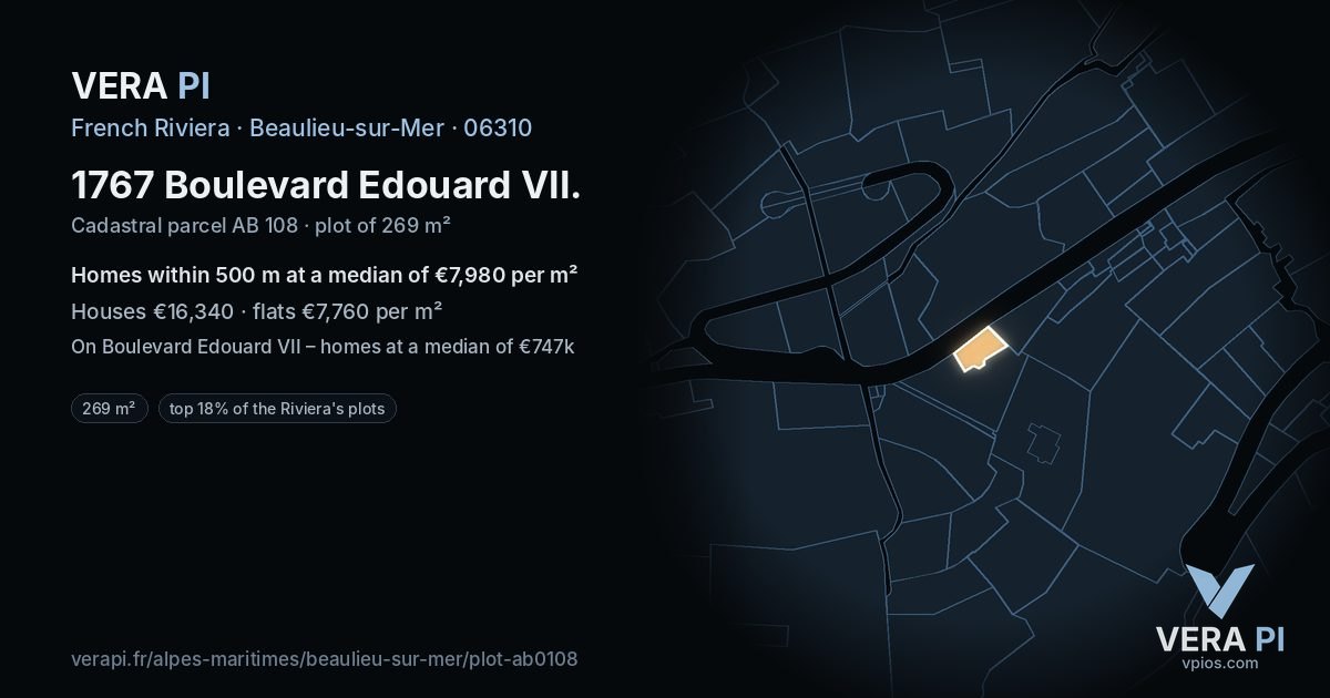 1767 Boulevard Edouard VII, Beaulieu-sur-Mer at night – the plot lit, the parcels around coloured by the prices near them