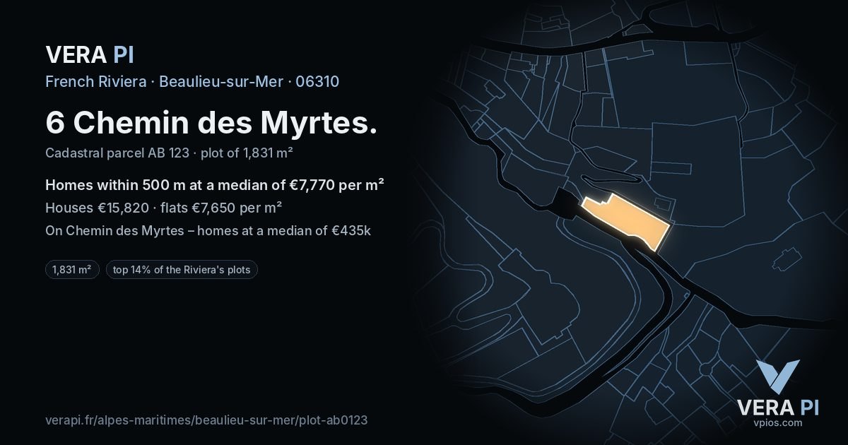 6 Chemin des Myrtes, Beaulieu-sur-Mer at night – the plot lit, the parcels around coloured by the prices near them