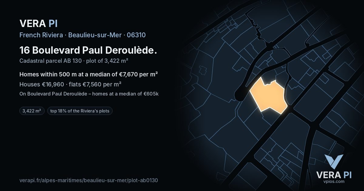 16 Boulevard Paul Deroulède, Beaulieu-sur-Mer at night – the plot lit, the parcels around coloured by the prices near them
