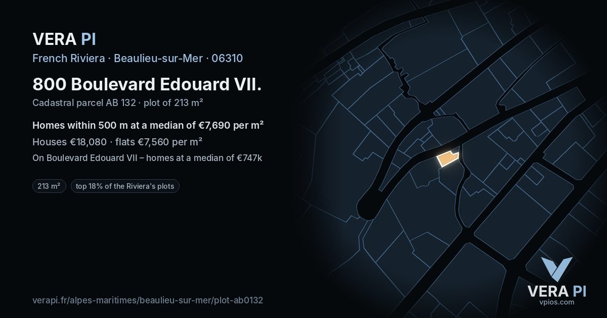 800 Boulevard Edouard VII, Beaulieu-sur-Mer at night – the plot lit, the parcels around coloured by the prices near them