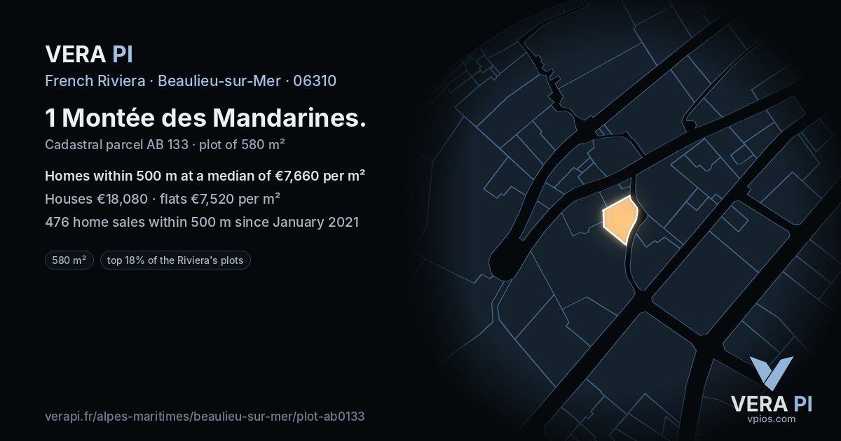 1 Montée des Mandarines, Beaulieu-sur-Mer at night – the plot lit, the parcels around coloured by the prices near them