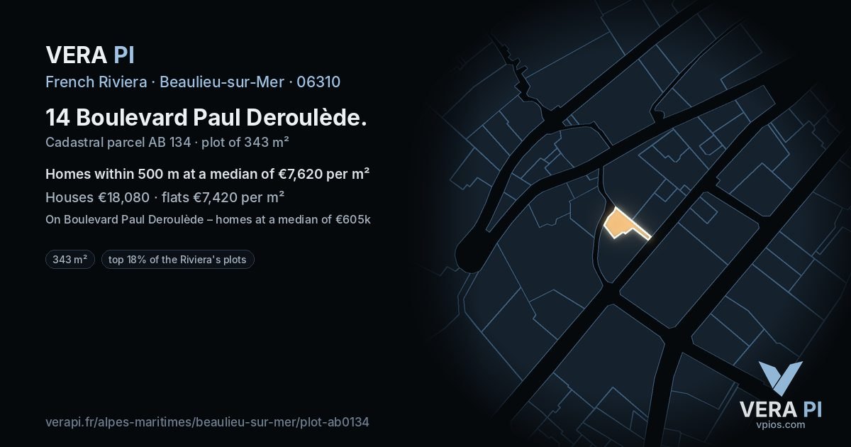 14 Boulevard Paul Deroulède, Beaulieu-sur-Mer at night – the plot lit, the parcels around coloured by the prices near them