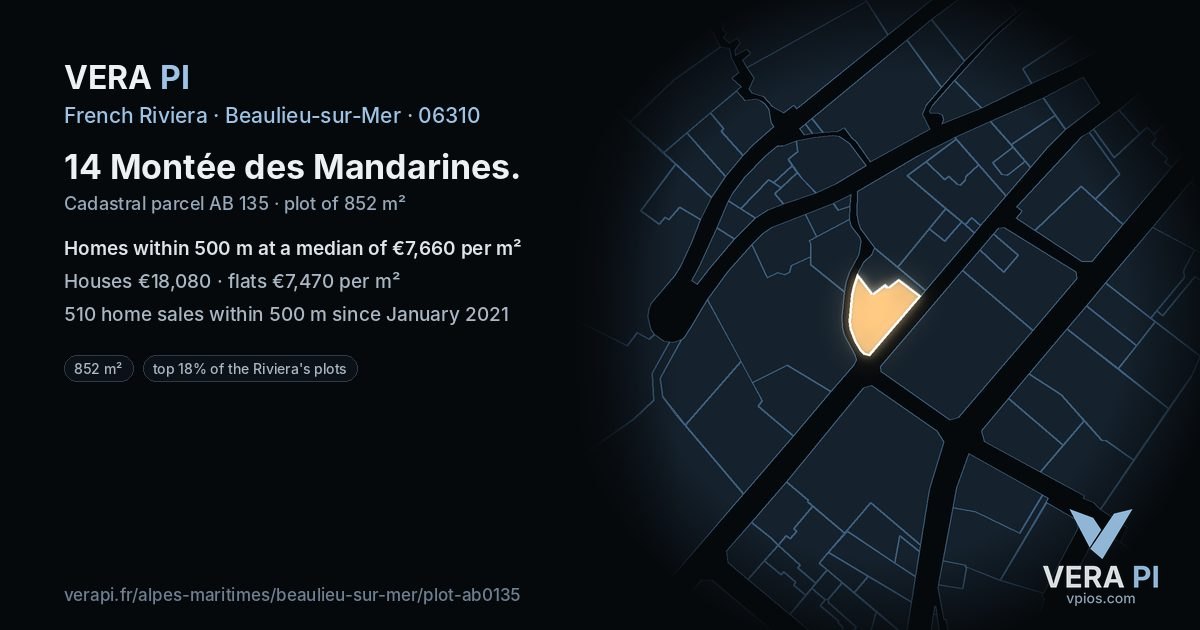 14 Montée des Mandarines, Beaulieu-sur-Mer at night – the plot lit, the parcels around coloured by the prices near them