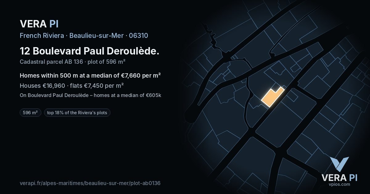 12 Boulevard Paul Deroulède, Beaulieu-sur-Mer at night – the plot lit, the parcels around coloured by the prices near them